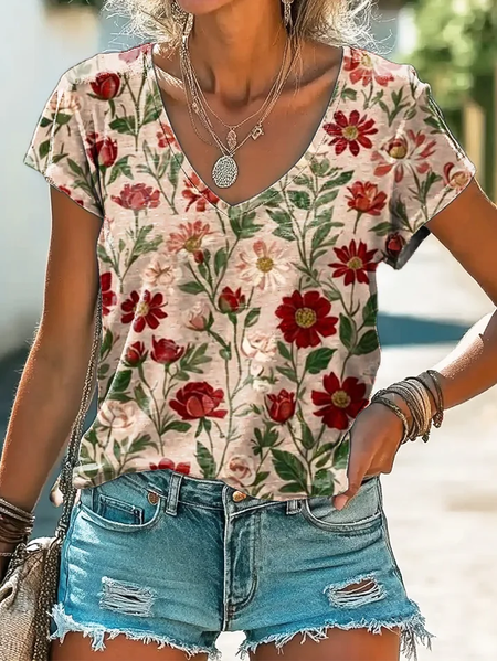 Women's Short Sleeve Tee T-shirt Summer Floral Printing V Neck Casual Graphic Tee Top, JustFashionNow T-Shirts, color:As Picture|size:XXL,