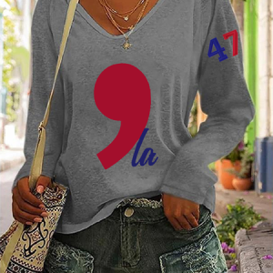 La 47 Print Casual V-Neck Long Sleeve Shirt, Long sleeves, Lilicloth.com