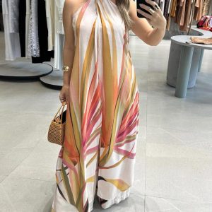 2 Pieces Vacation Outfits Floral Print Halter Sleeveless Slit Top and Casual Wide Leg Pants Set, women Two-piece Sets, ChicMe catalog