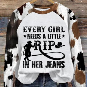 Women's Every Woman Needs A Little Rip In Her Jeans Print Round Neck Sweatshirt, Hoodies&Sweatshirts, Lilicloth.com