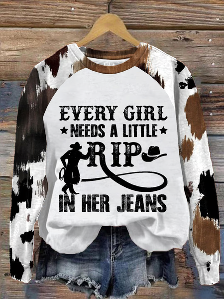 Women's Every Woman Needs A Little Rip In Her Jeans Print Round Neck Sweatshirt, Hoodies&Sweatshirts, Lilicloth.com