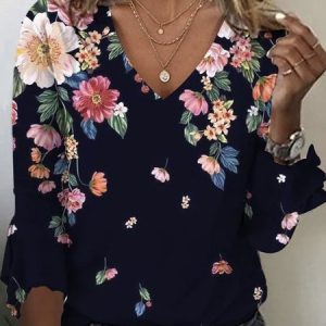 Loose Floral Casual V Neck T-Shirt, Long sleeves, Lilicloth.com