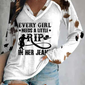 Women's Every Woman Needs A Little Rip In Her Jeans Printed Long Sleeve T-Shirt, Long sleeves, Lilicloth.com