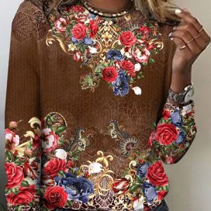 Vintage Plaid Crew Neck Long Sleeve T-shirt, T-shirts, color:Brown|size:4XL, catalog Noracora shop