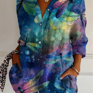 Abstract Contrast Dragonfly Long-Sleeved Comfortable Shirt, Blouses, Lilicloth.com
