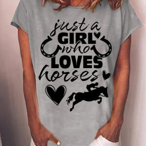 Women's Funny Just a Girl Who Loves Horses Cotton-Blend Crew Neck Casual T-Shirt, T-shirts, Lilicloth.com