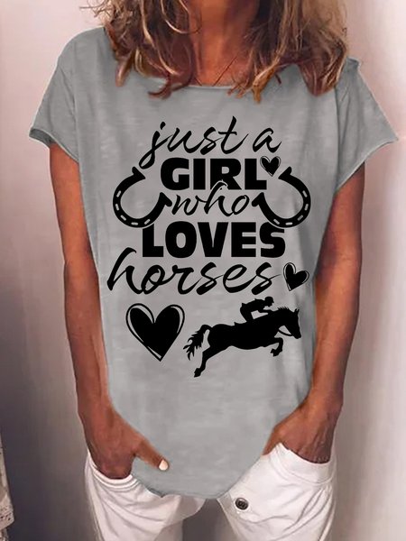 Women's Funny Just a Girl Who Loves Horses Cotton-Blend Crew Neck Casual T-Shirt, T-shirts, Lilicloth.com