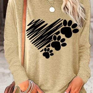Women's Casual Dog Paw Heart Print Dog Mom Gift Crew Neck Top, Long sleeves, Lilicloth.com