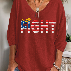Ladies Casual Red American Flag Battle Print Ladies V-Neck Loose Long-Sleeved T-Shirt, Long sleeves, Lilicloth.com