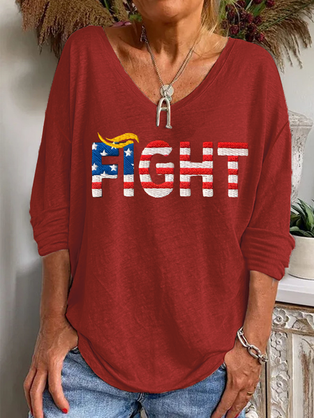 Ladies Casual Red American Flag Battle Print Ladies V-Neck Loose Long-Sleeved T-Shirt, Long sleeves, Lilicloth.com