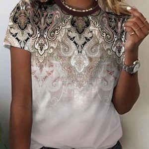 Ethnic Print Short-Sleeved Crew Neck T-shirt, T-shirts, Lilicloth.com
