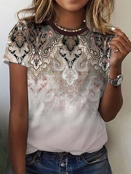 Women's Short Sleeve Tee T-shirt Summer Ethnic Jersey Crew Neck Holiday Going Out Casual Top, JustFashionNow T-Shirts, color:Brown|size:XXL,