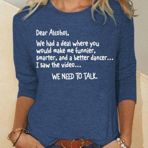Dear Alcohol Casual Crew Neck Long Sleeve Top, Long sleeves, Lilicloth.com