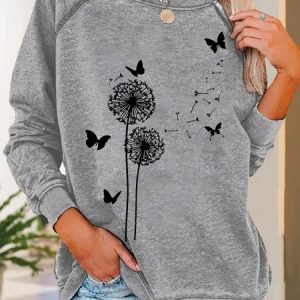 Women Butterfly Dandelions Text Letters Simple Sweatshirt, Hoodies&Sweatshirts, Lilicloth.com