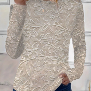 Casual Floral Print Crew Neck Long Sleeve T-shirt, Blouses, color:Apricot|size:XXL, catalog Noracora shop