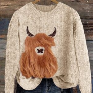 Retro Highland Bull Round Neck Sweater, Sweaters, Lilicloth.com