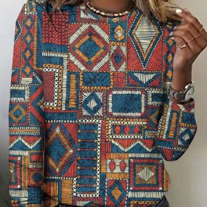 Geometric color block printed long sleeved T-shirt, Long sleeves, Lilicloth.com