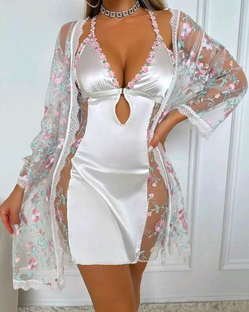 Floral Embroidery V-Neck Halter Backless Slim Fit Nightgown Sheer Mesh Cutout Sexy Babydolls, women Night Dresses, ChicMe catalog