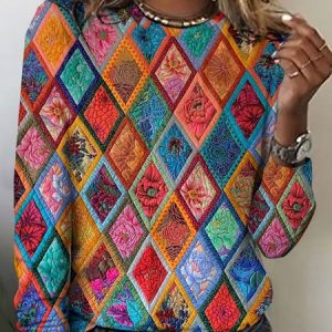 Multi colored angular checkered floral long sleeved T-shirt, Long sleeves, Lilicloth.com