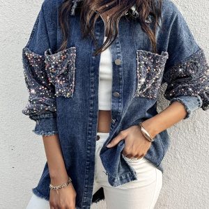 Turn-down Collar Contrast Sequin Long Sleeve Fringe Hem Denim Jacket Casual Coat, women Jackets & Coat, ChicMe catalog