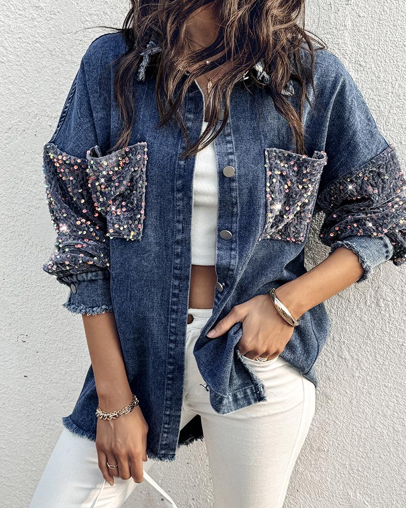 Turn-down Collar Contrast Sequin Long Sleeve Fringe Hem Denim Jacket Casual Coat, women Jackets & Coat, ChicMe catalog