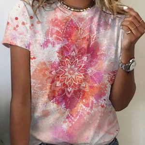 Casual Ethnic Crew Neck Short Sleeve T-shirt, T-shirts, color:Pink|size:XXL, catalog Noracora shop