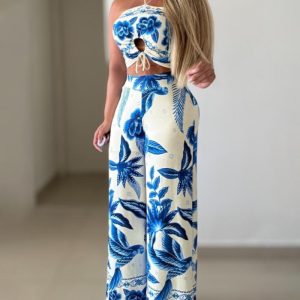 2 Pieces Outfit Floral Print Halter Sleeveless Lace Up Crop Tank and Casual Wide Leg Pants Set, women Two-piece Sets, ChicMe catalog