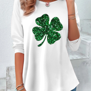 Casual St. Patrick's Day Shamrock Crew Neck Long Sleeve T-shirt, Blouses, color:White|size:XXL, catalog Noracora shop