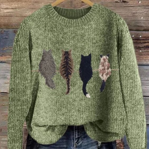 Women's Cute Cat Print Knitted Sweater, Sweaters, Lilicloth.com