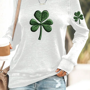 Women's Shamrock St. Patrick's Day Floral Casual Spring/Fall Long Sleeve Sweatshirt, JustFashionNow Sweatshirts & Hoodies, color:White|size:XXL,