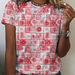 Casual Spring Floral Crew Neck Short Sleeve T-shirt, T-shirts, color:Pink|size:4XL, catalog Noracora shop