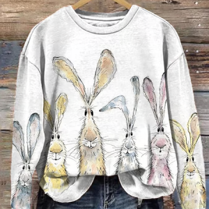 Women'S Watercolor Bunny Print Long Sleeve Sweatshirt, Hoodies&Sweatshirts, Lilicloth.com
