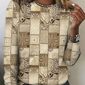 Geometric plaid floral long sleeved T-shirt, Long sleeves, Lilicloth.com