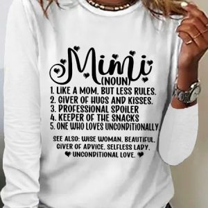 Women's Funny Word MiMi Regular Fit Simple Cotton-Blend Long Sleeve Top, Long sleeves, Lilicloth.com