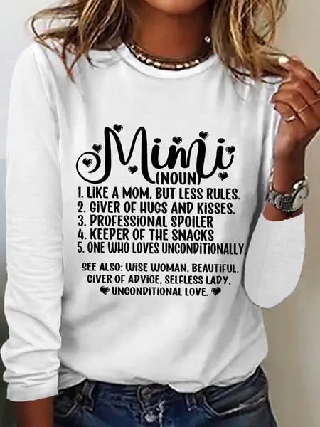 Women's Funny Word MiMi Regular Fit Simple Cotton-Blend Long Sleeve Top, Long sleeves, Lilicloth.com