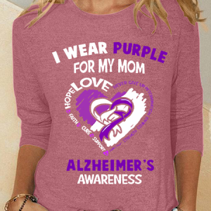 Women's Alzheimer's Awareness I Wear Purple For My Mom - Heart Ribbon Casual Long Sleeve Shirt, Long sleeves, Lilicloth.com