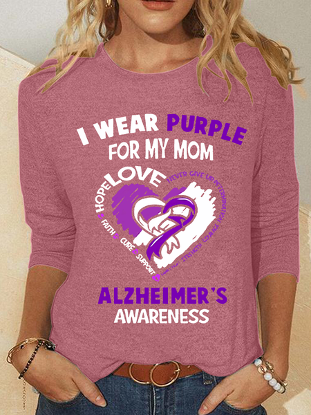 Women's Alzheimer's Awareness I Wear Purple For My Mom - Heart Ribbon Casual Long Sleeve Shirt, Long sleeves, Lilicloth.com