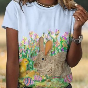 Casual Easter Rabbit Floral Crew Neck Short Sleeve T-shirt, T-shirts, color:Light Blue|size:4XL, catalog Noracora shop