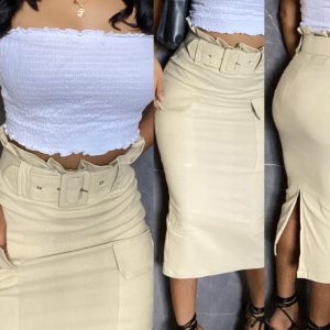 Ruffle Trim High Waist Slit Back Cargo Skirt Casual Flap Pockets Design Zipper Back Skirt, women Skirts, ChicMe catalog
