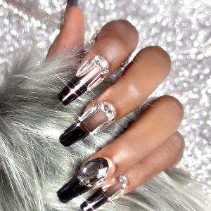 Medium Coffin Press On Nails Black Sparkly Rhinestone Designs Artificial Acrylic Nails, women nails, ChicMe catalog