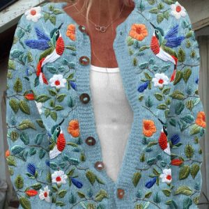 Flower hummingbird art button knit cardigan, Cardigans, Lilicloth.com