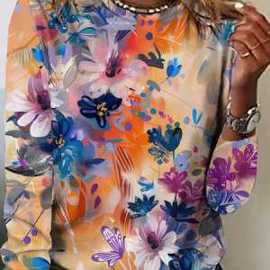 Women's Vintage Art Floral Print Casual T-Shirt, Long sleeves, Lilicloth.com