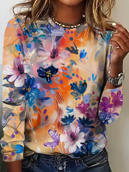 Women's Vintage Art Floral Print Casual T-Shirt, Long sleeves, Lilicloth.com