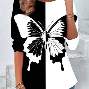 Women's Long Sleeve Tee T-shirt Spring/Fall Butterfly Jersey Crew Neck Daily Going Out Casual Top, JustFashionNow T-Shirts, color:Black-white|size:XXL