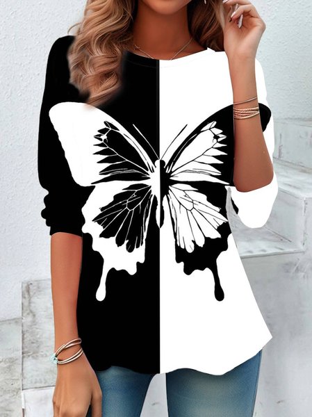 Women's Long Sleeve Tee T-shirt Spring/Fall Butterfly Jersey Crew Neck Daily Going Out Casual Top, JustFashionNow T-Shirts, color:Black-white|size:XXL