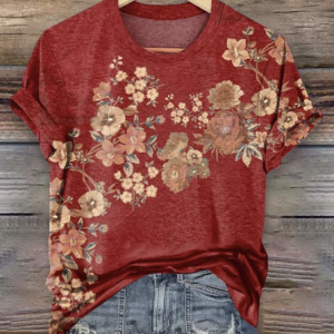 Women Floral Short Sleeve Tee T-shirt Crew Neck Casual Summer Top, JustFashionNow T-Shirts, color:Red|size:4XL