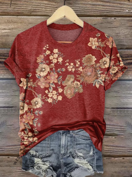 Women Floral Short Sleeve Tee T-shirt Crew Neck Casual Summer Top, JustFashionNow T-Shirts, color:Red|size:4XL