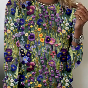 Casual Floral Crew Neck Long Sleeve T-shirt, T-shirts, color:As Picture|size:5XL, catalog Noracora shop