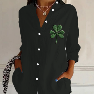 Women's Shamrock St. Patrick's Day Floral Long Sleeve Shirt Spring/Fall Buckle Shirt Collar Daily Casual Top, JustFashionNow Shirts, color:Black|size:XXL,