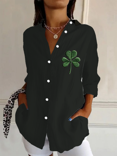 Women's Shamrock St. Patrick's Day Floral Long Sleeve Shirt Spring/Fall Buckle Shirt Collar Daily Casual Top, JustFashionNow Shirts, color:Black|size:XXL,
